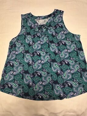 Laura Scott Sleeveless Navy & Green Paisley Tie-Neck Women's Top